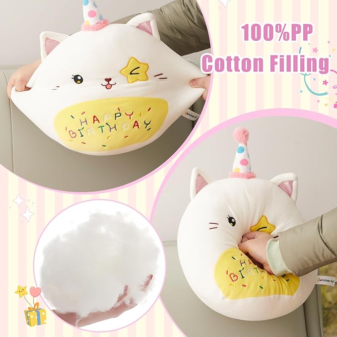 16" Birthday Cat Plush Pillow Stuffed Animals Original Wink Kitty Kitten Large Plushie Cuddle Squishy Happy Birthday Gift for Kids Boys Girls