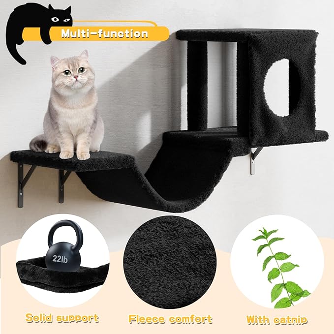 Wall Mounted Cat Furniture, 6pc Cat Wall Furniture, Cat Climber with Cat House, Bridge, Tree, Steps, and Scratcher, DIY Cat Walls Playground, Cat Shelves for Indoor Wall Furniture Set - Black