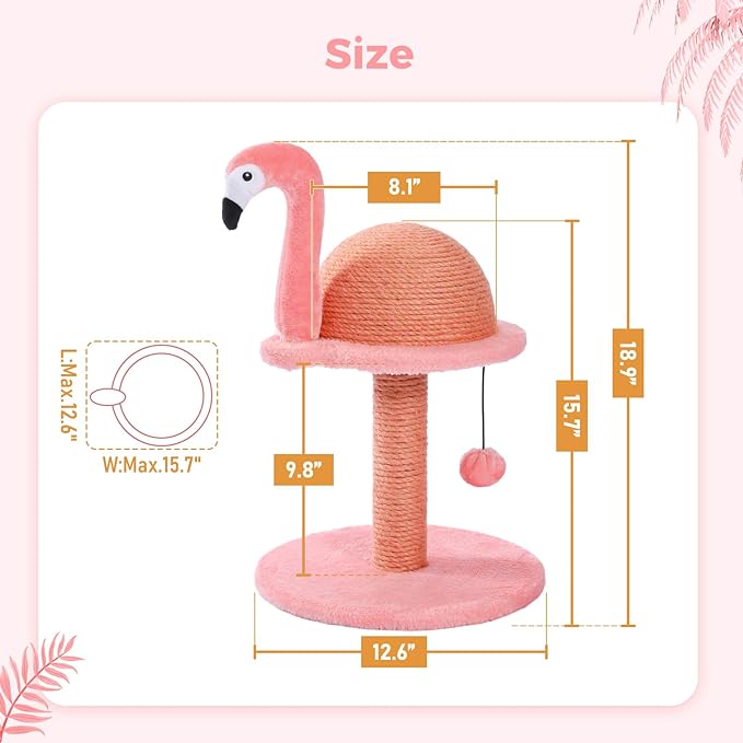 PETEPELA Cat Scratching Post, Pink Cat Scratcher Tree, Flamingos Natural Sisal Cat Scratch Post with Interactive Toy Ball and Extra Replacement Sisal Scratching Pole for Kittens and Small Cats,Pink