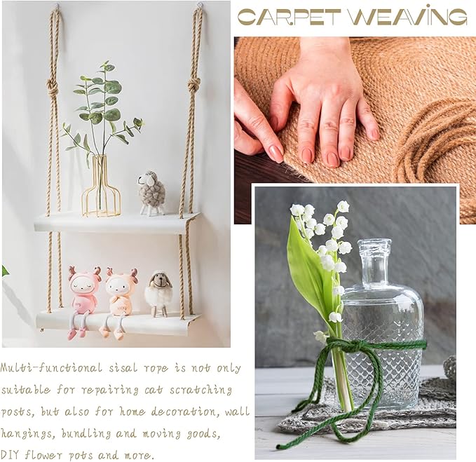 Sisal Rope for Cat Scratcher 1/4 Inch 50 Feet Cat Tree Rope Replacement Natural Hemp Rope, Thick Cat Scratching Post Rope for Indoor/Outdoor, Repairing, Recovering, DIY Scratcher (Green)