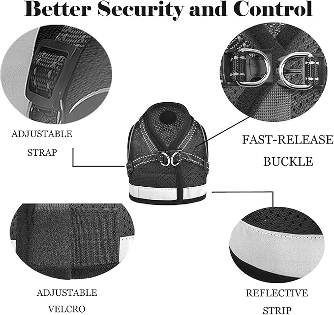 Cat Harness and Leash for Walking, Kitten Escape Proof Harnesses, Adjustable Reflective Puppy Harness with Leashes Set, Easy Adjustable Soft net Breathable Pet Safety Vest Black