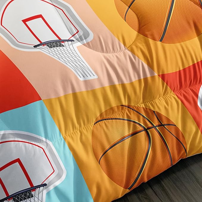 Basketball Comforter Kids Bedding Twin Size,Sports Style Basketball Printing Bedding Set for Teens Boys Bedroom Decor,Ball Sports Games Comforter Set Soft Kids Bedding with 2 Pillowcases.