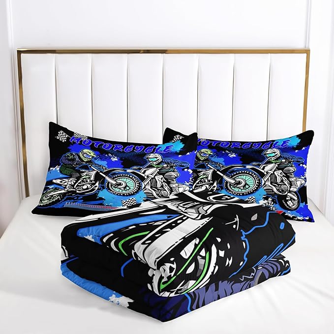 AILONEN Extreme Sport Dirt Bike Bedding Set for Kids Boys Men, Queen Size Blue Black Motocross Comforter with 2 Pillowcases,3 Pieces
