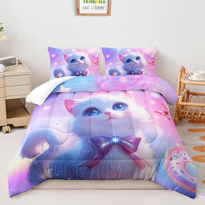 AILONEN Kids Cat Comforter Set Twin Size,Kawaii Kitten Comforter for Girls,Colorful Rainbow Cat Bedding Set 3 Pieces,1 Comforter with 2 Pillowcases
