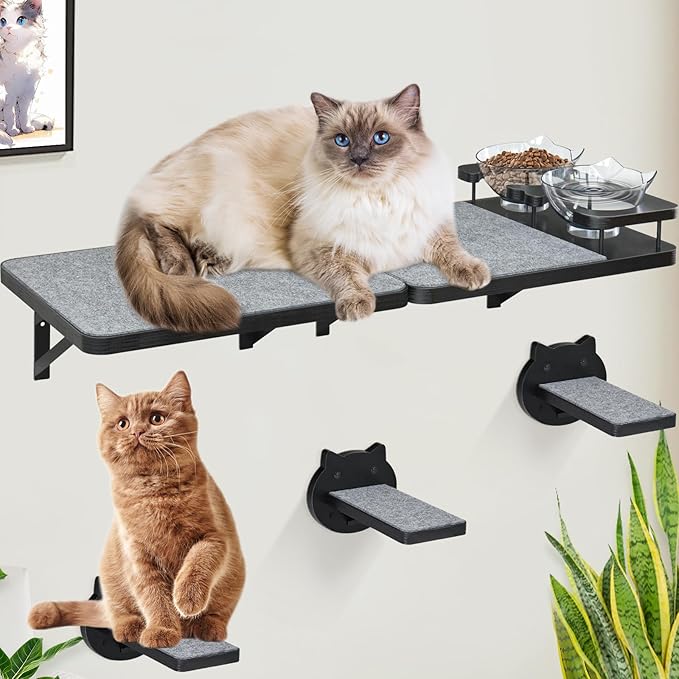 Cat Wall Shelves Set of 2, Cat Shelves and Perches for Wall, Cat Shelves Wall Mount for Large Cat, Cat Wall Furniture with 3 Cat Wall Steps, Cat Climbing Shelf, Cat Wall Shelf with 2 Cat Food Shelf