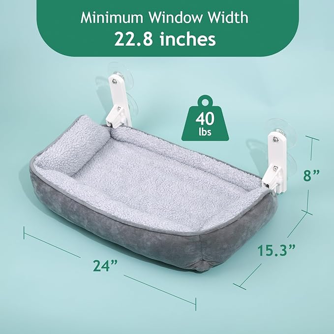 Foldable Cat Hammock for Window with Bolster - Cordless, Fold-Up, Three-Side Bolstered Machine Washable Fluffy Bed, Robust Metal Frame - Cat Window Perch for Large Cats and Kittens - Gray