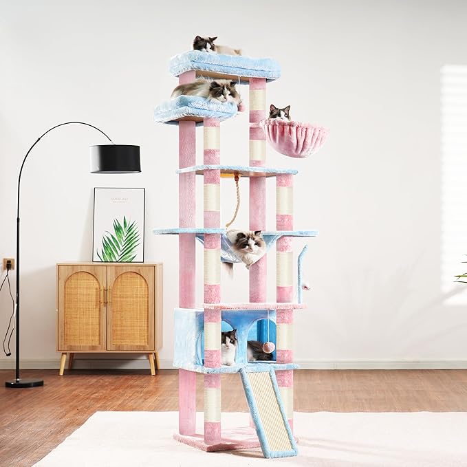 Heybly Tall Cat Tree,78 inch Multi-Level Cat Tower for Indoor Cats,2 Widened Plush Perches Cat Condo with Scratching Board and Big Caves,Blue and Pink HCT033BP