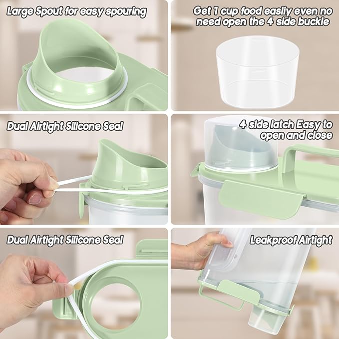 5-10LBS Dog Storage Container with Large Nozzle Design, 4 Safety Buckles, Double-Layer Sealing Strips and a Handle and Measuring Cup is Easy to Clean and Does BPA-free.