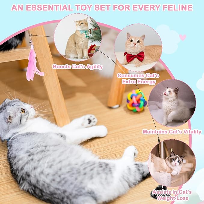 5Pcs Cat Feather Toy, Adjustable Cat Collar Neck Collar Toy Cat Teasing Wand with Silicone Collar, Funny Cat Stick, Interactive Self Playing Toys Bell for Indoor Cat Playing Small Animals(5 Style)