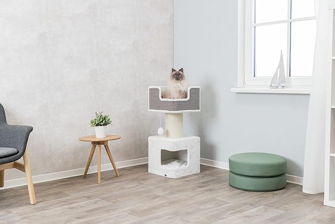 TRIXIE 33.9-in Ava XXL Cat Tree with Thick Scratching Post, Cat Condo, Cozy Top Platform with Removable Cushion, Dangling Cat Toy, Gray/White