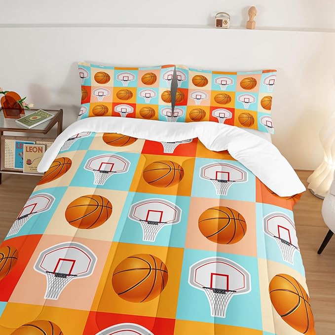 Basketball Comforter Kids Bedding Twin Size,Sports Style Basketball Printing Bedding Set for Teens Boys Bedroom Decor,Ball Sports Games Comforter Set Soft Kids Bedding with 2 Pillowcases.