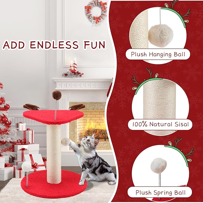 EMUST Christmas Cat Scratching Post for Indoor Cats, Natural Sisal Christmas Tree Scratching Post with Plush Hang Spring Ball Toys, Cute Small Kitten Scratching Post with Bed, Reindeer