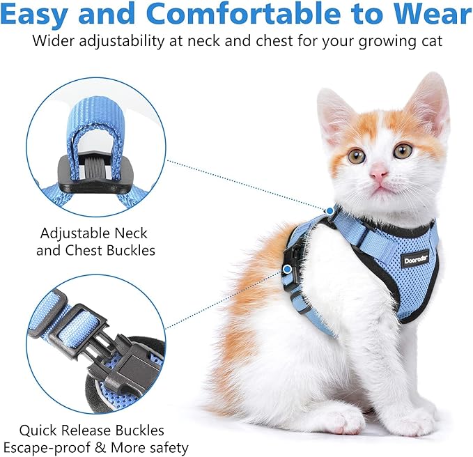 Dooradar Cat Harness and Leash Set, Escape Proof Safe Adjustable Kitten Vest Harnesses for Walking, Easy Control Soft Breathable Mesh Jacket with Reflective Strips for Cats,Light Blue, XS