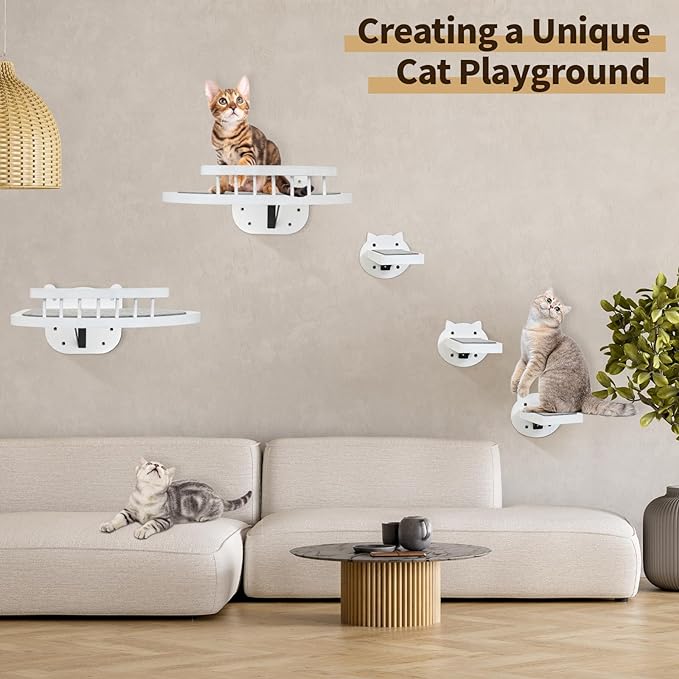 Cat Wall Shelves, Cat Shelves and Perches for Wall, Wood Cat Shelves Wall Mount, Cat Wall Furniture with 3 Cat Wall Steps Cat Scratch Post, Indoor Cat Climbing Shelf for Living Room, Bedroom (White)