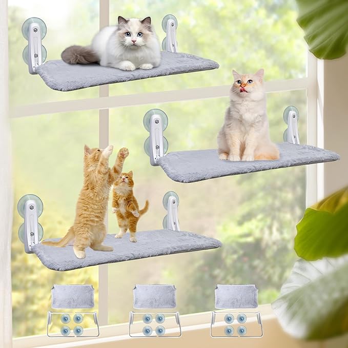 L&W BROS. 3PC Foldable Cat Window Perch Cat Hammock with 4 Suction Cups Easy to Assemble 20.5"x 11.2" Cat Window Bed for Large Heavy Cats Indoor(M 3Pc)