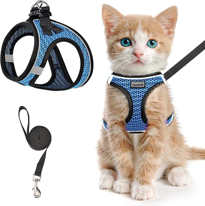 Cat Harness and Leash for Walking Escape Proof, Adjustable Kitten Vest Harness Reflective Soft Mesh Puppy Harness for Outdoor, Comfort Fit, Easy to Control (Blue, XXS)