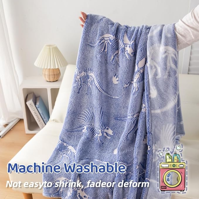 2025 Best Gift Dinosaur Gifts Toys for Kids Boys, Dinosaur Fossil Pattern Blanket Glow in The Dark Throw Blanket, Soft Plush Kids Blanket, Fun Dinosaur Theme, Birthday Gift, 50"*60", Blue