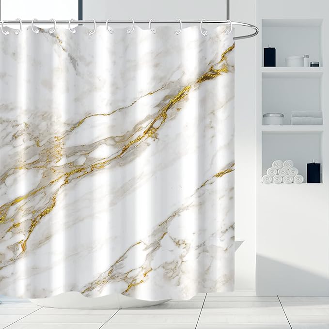 AWERT Abstract Minimalism White and Gold Ink Art Marble Shower Curtain for Bathroom Modern High Definition Printing Waterproof Shower Curtain with Hooks Bathroom Decor 72x78inch