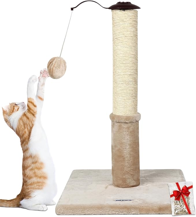 Happi N Pets 22" Cat Scratching Posts for Indoor Cats, Carpet Cat Scratch Post, Sisal Cat Scratcher, Cat Post with Rotatable Hanging Balls & Stable Base, Cat Scratchers for Kittens-Beige
