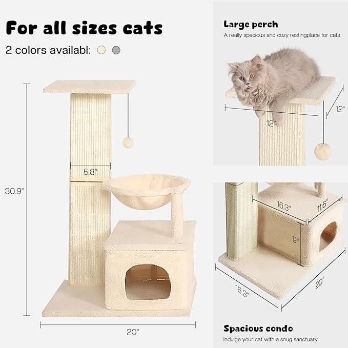 Small Cat Tree, 31 Inches Tall Cat Scratching Post with Perch & Condo & Hammock, Natural Woven Sisal Cat Post Sctacher, Kitten Scratching Posts for Indoor Cats, Cat Scratch Tower, Beige