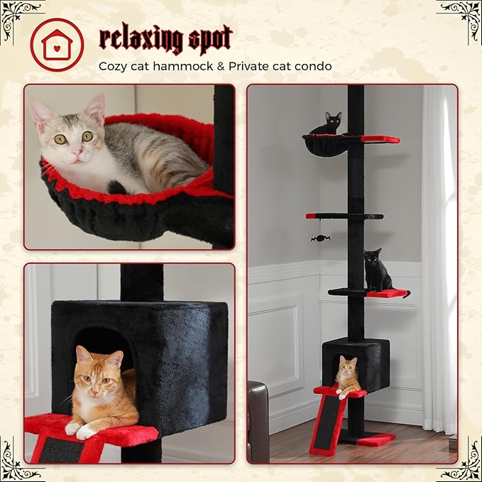 PETEPELA Floor to Ceiling Cat Tree, Gothic Cat Tower 5 Tiers Tall (83-108 Inches) Adjustable Height, Cat Climbing Tree Featuring with Cat Condo, Cat Scratching Post Cat Perches for Indoor Cats, Black