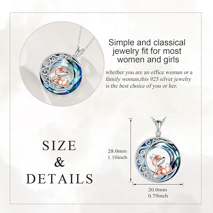 925 Sterling Silver Celtic Crescent Moon Animal Necklace for Women Fox/Black Cat/Hummingbird Crystal/Abalone Shell Pendant Jewelry Gift for Mom Daughter