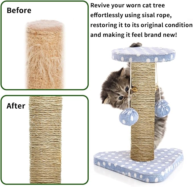 1/6 Inch Natural Sisal Rope, 164-Feet, 50m, for Cat Scratching Post, Tower, DIY Hemp Twine, Replacement, Sisal Fiber, Biodegradable, 4mm Diameter