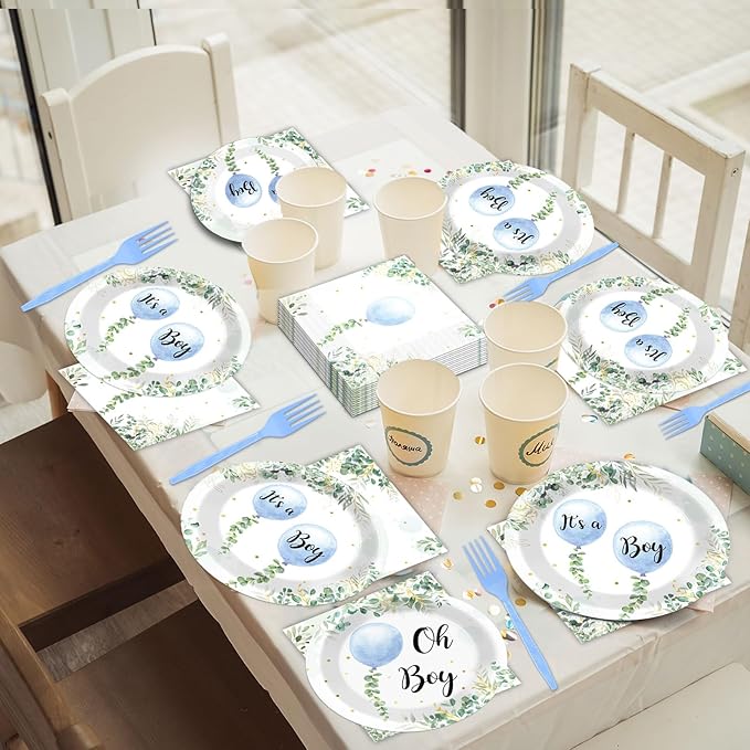 96 Pcs Oh Boy Watercolor Blue Balloon Party Supplies Greenery Boy Baby Shower Tableware Set Eucalyptus Party Favor Birthday Baby Shower Plates and Napkins Table Decorations for 24 Guests