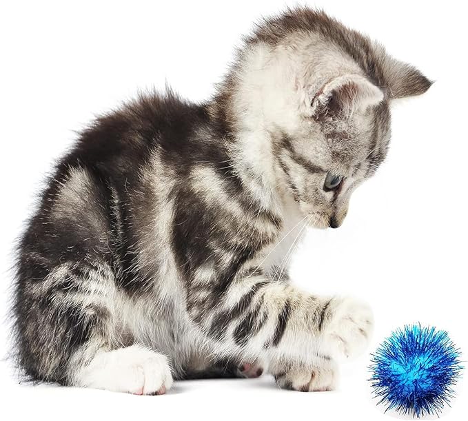 40 Pcs 2 Inch Assorted Color Flash Ball Cat's Favorite Toy Ball Tinsel Pom Poms Flash for Kittens Exercise and Multiple Cats Play and Chase