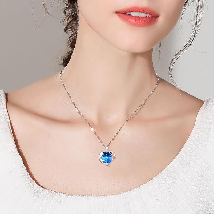 AOBOCO Valentine Cat Necklace for Women 925 Sterling Silver Cat Pendant Necklace Embellished with Crystals from Austria Jewelry Gifts for Cat Lovers