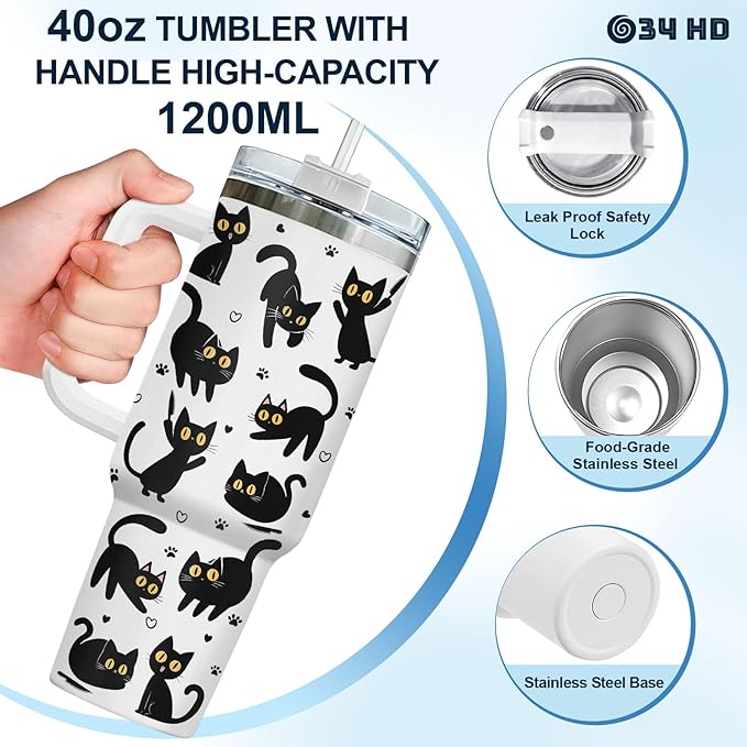 34HD Black Cat Coffee Tumbler with Handle and Straw, 40oz Stainless Steel Insulated Kitty Mug with Lid, Cute Pet Gifts for Women Men on Birthday Mothers Day Halloween Christmas