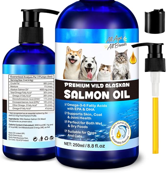 Alaskan Salmon Oil for Dogs, Omega 3 Fish Oil with Natural EPA+DHA Fatty Acids for Skin, Joints, Coat Health, Dog Skin and Coat Fish Oil Liquid Supplement, All Ages All Breeds 8.8fl.oz.