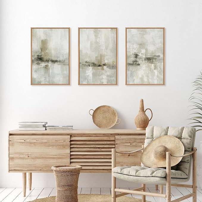 Ausril Large Minimalist Textured Framed Canvas Wall Art Set, Neutral Abstract Wall Decor, Modern Beige Gray Wall Painting, Brown and White Art Print for Living Room, Bedroom, Office 16" × 24" × 3