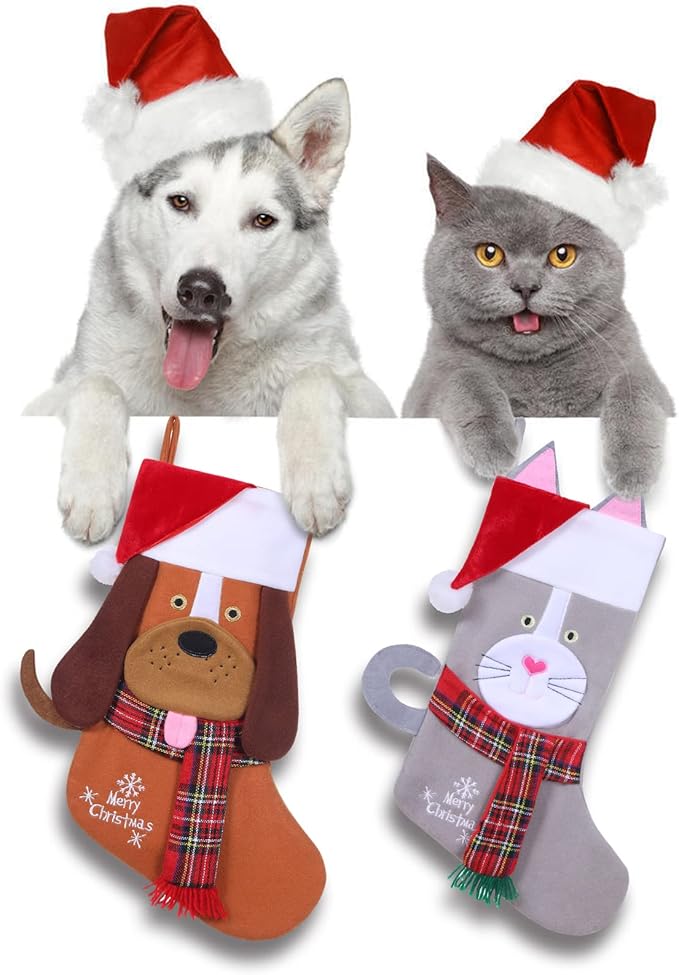 19.5'' Cute Pets 3D Christmas Stocking for Pets cat Xmas Holiday Pet Theme Gift (Gray-cat-Stocking)