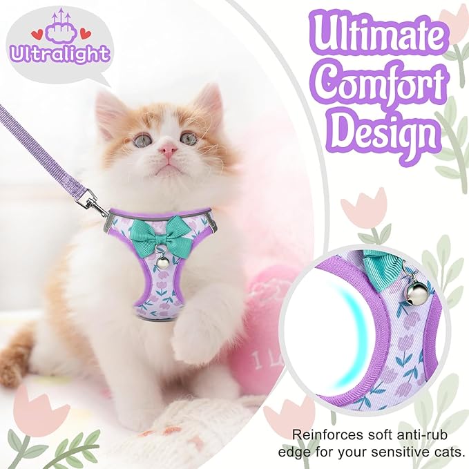 Cat Harness and Leash Escape Proof for Walking, Adjustable Soft Kitten Harness with Reflective Straps Step in Cat Vest Harness for Small Kitten and XS Dogs (Purple, XS-Chest(10.2"-11.8"))