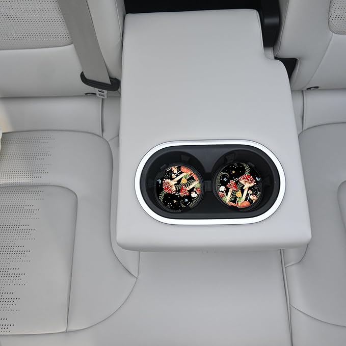 2 Pack Cute Mushroom Pattern Absorbent Car Coasters for Cup Holders,2.56" Ceramic Coasters with Cork Back and Finger Slot,Auto Accessories for Women & Men.