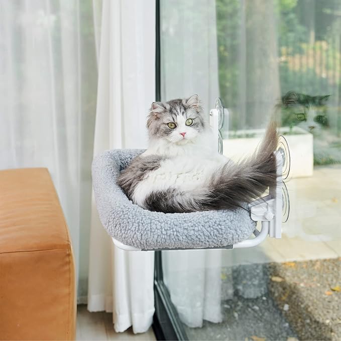 Foldable Cat Hammock for Window - Cordless, Embeded Machine Washable Bed, Robust Metal Frame - Cat Window Perch for Large Cats and Kittens (Gray Bolster Bed, Medium)
