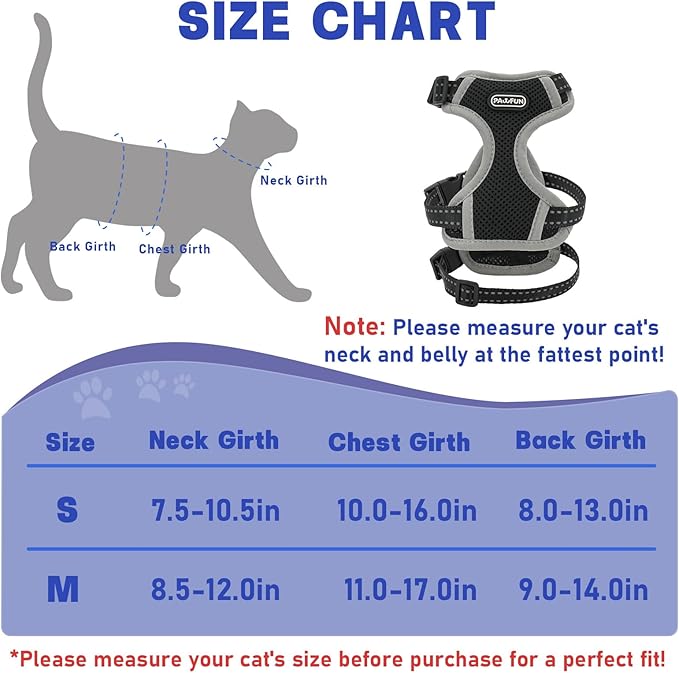 Cat Harness for Walking, Escape Proof Cat Harness and Leash Set with Reflective Strip, Adjustable Cat Leash Breathable Soft Vest for Small to Large Cats, BlackGrey, M