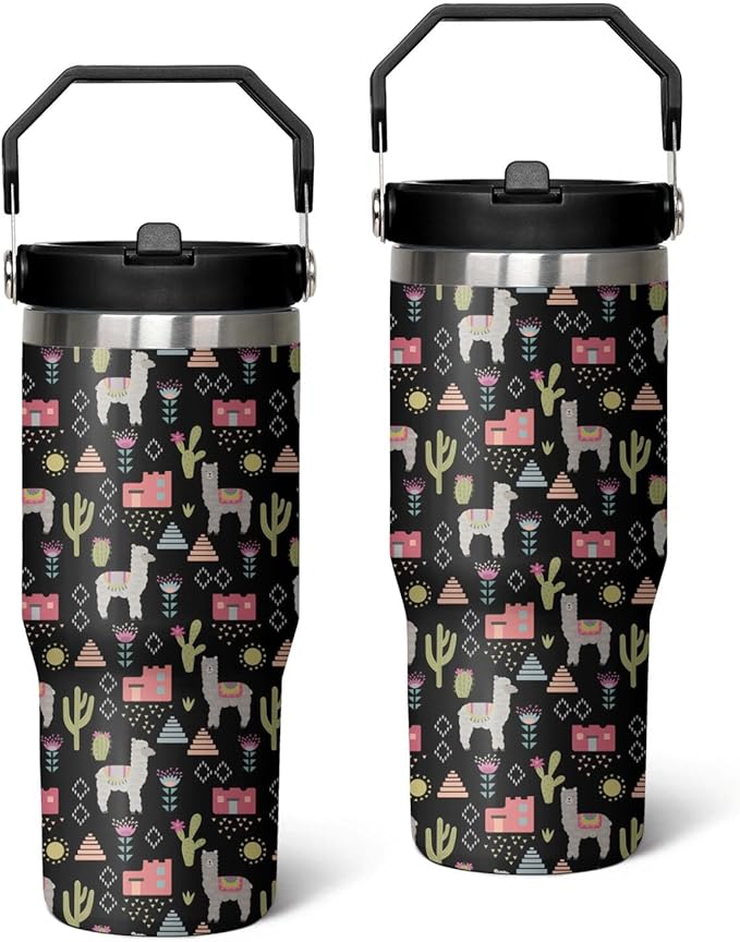 30 Oz Llama Tumbler with Handle and Straw, Alpaca Mug Insulated Llama Coffee Mug, Double Wall Stainless Steel Llama Cup, 30 Oz Llama Mugs with Handle and Straw for Women Gifts