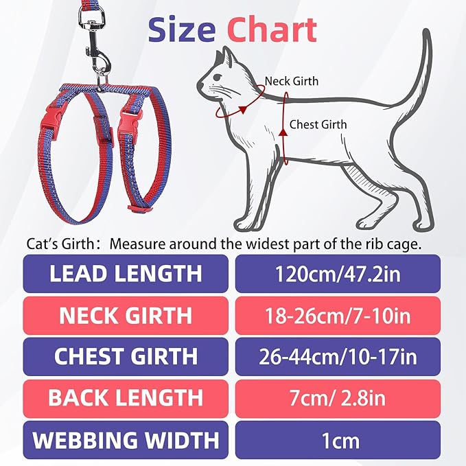 PUPTECK Adjustable Cat Harness and Leash Set Escape Proof Kitten Strap Collar for Walking Travel, Red Blue