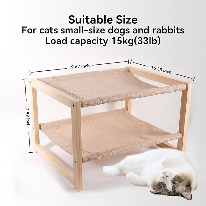 2 Tier Cat Hammock Bed, Elevated Wooden Pet Bunk Beds for Indoor Cats, Double Wooden Cat Bed, Solid Wood Raised Hanging Bed for 1 or 2 Cats Breathable Washable Covers