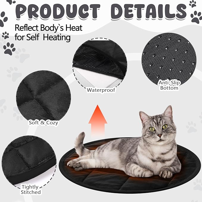 2 Pcs Cat Heating Pad Round 16 Inch Self Heating Cat Mat Washable Heated Cat Bed Anti Slip Cat Warming Pad Pet Bed Mat for Kennel Dog Crate Indoor Outdoor (Black,16 Inch)