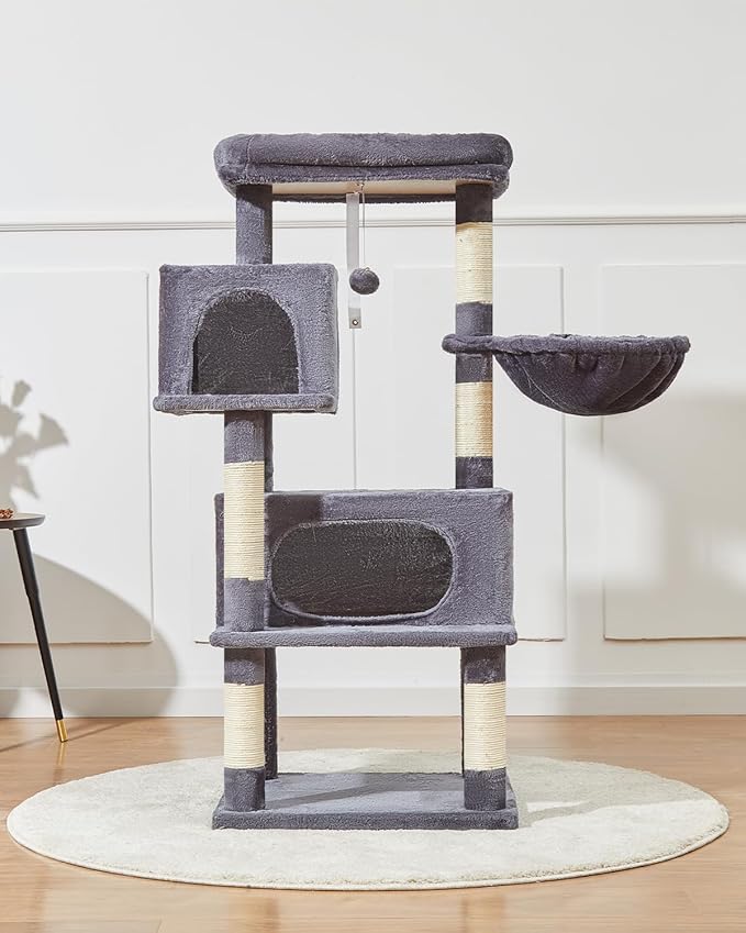 Taoqimiao Cat Tree,48.8-Inch Cat Tower for Indoor Cats,2 Luxurious cat condo with Adjustable Large Hanging Baskets and Large Luxurious Perch Smoky Gray MS029LG