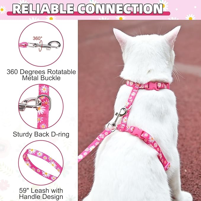 KOOLTAIL Cat Harness and Leash Set Escape Proof with Airtag Holder Collars (3 in 1), Comfortable Lightweight Adjustable Kitten Harness for Small Medium Large Cats Safe Walking & Travel,Pink Daisy