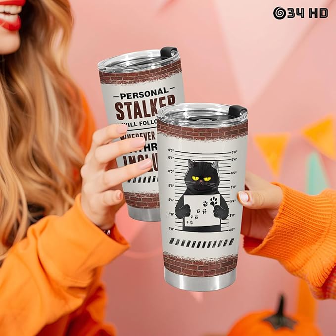 34HD Funny Black Cat Tumbler with Lid, 20 oz Stainless Steel Vacuum Insulated Personal Stalker Coffee Mug, Horror Cup, Cat Lover Gifts for Women Men Birthday Halloween Christmas