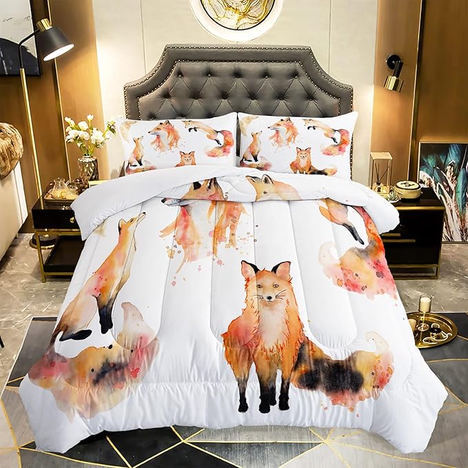 AILONEN Fox Comforter Set Queen Size, Cute Fox Quilt for Teen Girls Kids, Animal Pattern Printed Superior Kids Bedding Set, Microfiber Fabric, 3 Piece Set: 1 Comforter and 2 Pillowcases