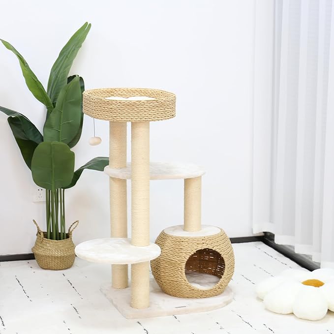 KAMABOKO Modern Cat Tree, Cat Tree for Indoor Cats w/Natural Sisal Scratching Posts, Hand-Woven Condo & Top Perch, 39" Tall Cat Tree for Kittens Climb Play & Rest