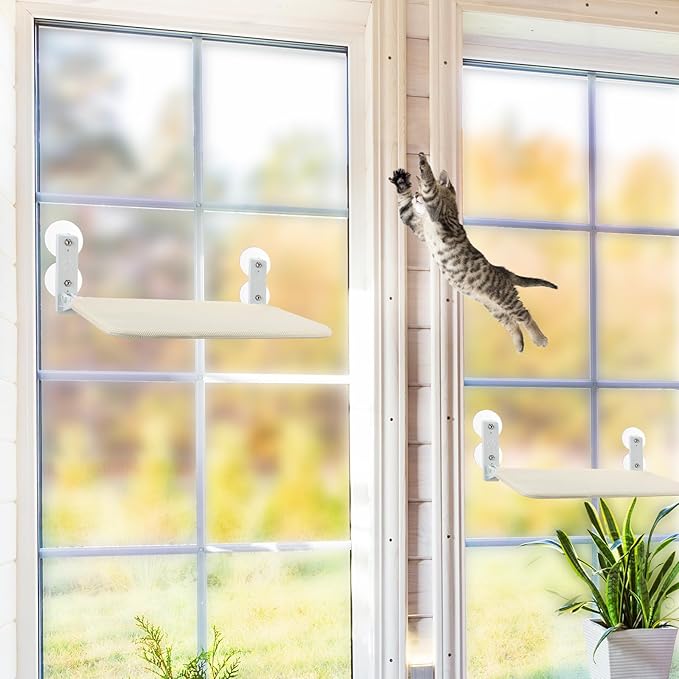 2 Pack Cat Window Perch Cordless Cat Window Hammock Foldable with 4 Suction Cups Solid Frame Breathable Mesh Cat Window Seat Cat Beds Foldable Lounger Kitten Shelf for Indoor Cats Rabbit