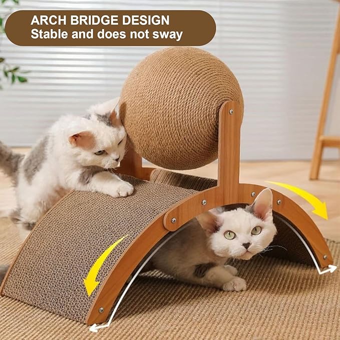 Sisal Cat Scratching Ball Toy, Interactive Cat Scratcher Board with Wooden Frame, Durable Scratch Toy for Indoor Cats, Wear-Resistant Ferris Wheel Design for Endless Fun! (Middle)