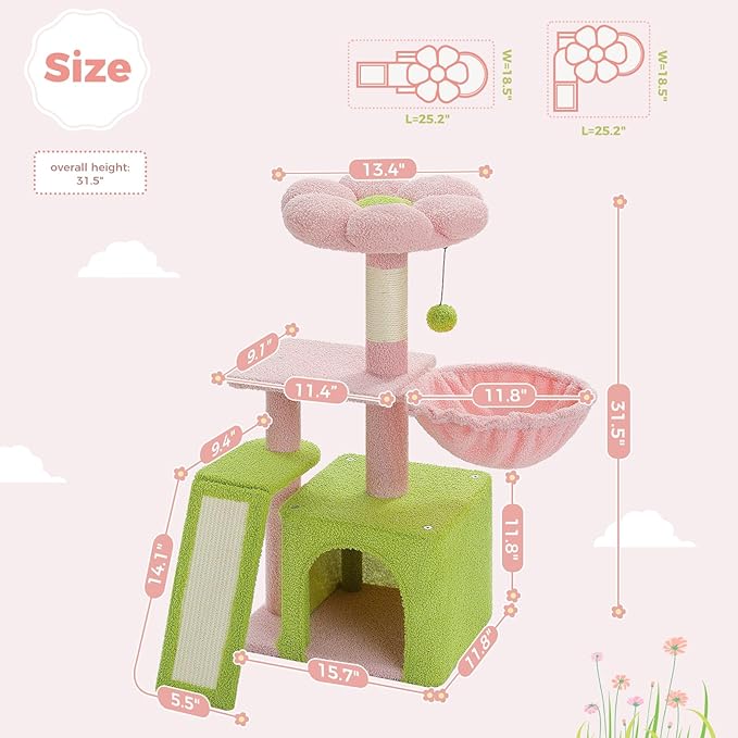 PETEPELA Flower Cat Tree for Indoor Cats, 32'' Small Cat Tower Cat Condo with Sisal Scratching Ramp, Cozy Hammock and Removable Flower Bed Perch for Kittens, Pink